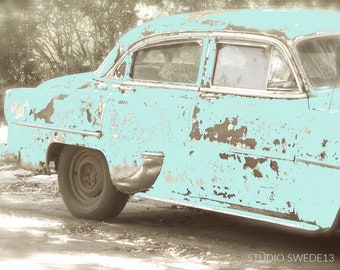 True Blue Friend- Old Car Photo, Retro Blue Car Print, Vintage Car Art, Antique Car Print, Aqua Art, Retro Art, Rustic Man Cave Art Print