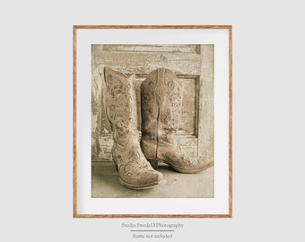 Cowgirl Chic- Cowgirl Boot Country Western Art, Boot Print, Cowboy Boot Photograph, Texas Cowgirl Boot Art, Rustic Beige Farmhouse Art Print