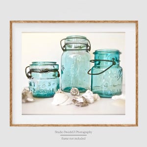Sea Blue- Beach Cottage Art, Coastal Kitchen Art Print, Bath Decor, Aqua Blue Jar Print, Coastal Wall Decor, Farmhouse Kitchen Wall Art