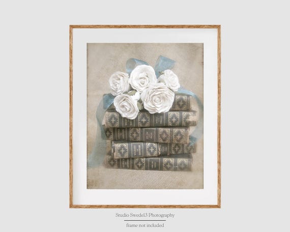 Hopeless Romantic- French Country Book Art, Library Office Art, Old Book Photo, Modern Farmhouse Wall Art, White Rose Vintage Book Art Print