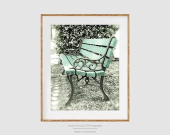 Waiting In Vain- Abstract Park Bench Still Life, Green Bench Print, Garden Photography Bench Art, Rustic Farmhouse Wall Art, Minimalistic
