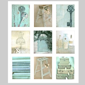 May include: A collage of nine images with a vintage, shabby chic aesthetic. The images include keys, a ladder, a door, a dress form, bottles, stacks of books, and suitcases.
