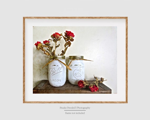 Farmhouse Roses- Kitchen Art, Shabby Rose Mason Jar Print, French Country Art, Red Roses, Rustic Country Kitchen Art, Farmhouse Cottage Art