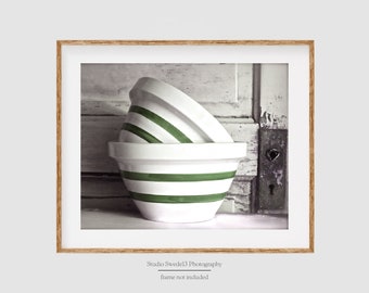 Old Mixing Bowls- Farmhouse Wall Decor, Country Kitchen Art, Fixer Upper Style, Rustic Farmhouse Art, Green and White Art, Kitchen Print