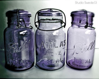 Purple Trio- Farmhouse Kitchen Mason Jar Photography, Farmhouse Bath Art, Nostalgic Rustic Purple Art Print, Shabby Cottage Farmhouse Art