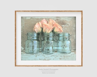 Peach Blossoms- Peach Rose Photography, French Country Wall Art, Romantic Rustic Bath Art, Modern Farmhouse, Fixer Upper Style Kitchen Art