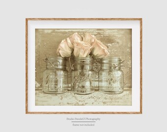 Peach Blossoms- Rose Photography, Shabby Rose Print, French Country Art, Romantic Rustic Country Kitchen Art, Farmhouse Cottage Bath Art