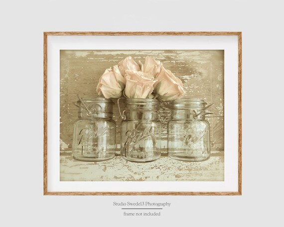 Peach Blossoms- Rose Photography, Shabby Rose Print, French Country Art, Romantic Rustic Country Kitchen Art, Farmhouse Cottage Bath Art