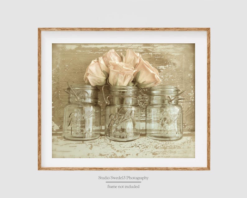 May include: Three clear glass jars with metal lids filled with pale pink roses on a distressed wood background.