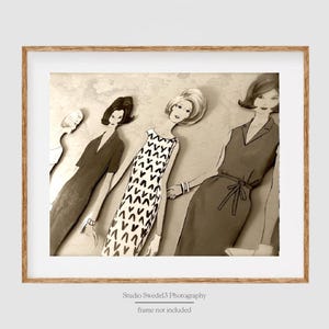 May include: A vintage-style illustration of four women in different dresses. The women are drawn in a retro style with simple lines and features. The dresses are all different styles, with one featuring a black and white geometric pattern.