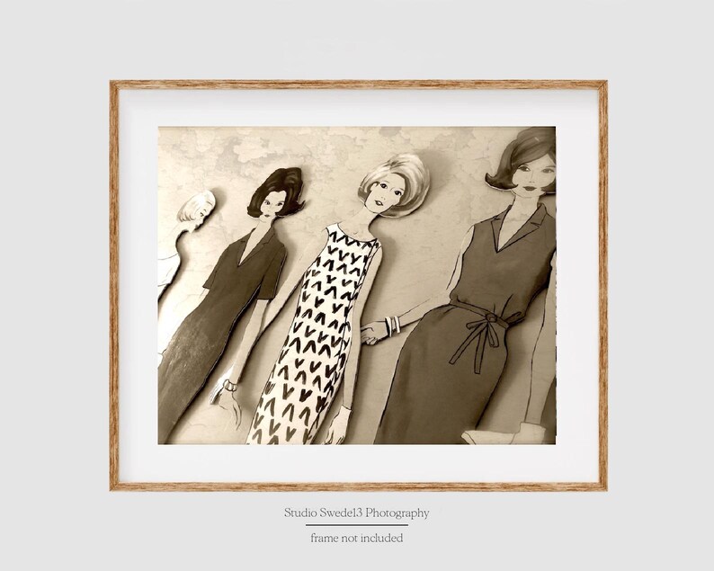 May include: A vintage-style illustration of four women in different dresses. The women are drawn in a retro style with simple lines and features. The dresses are all different styles, with one featuring a black and white geometric pattern.