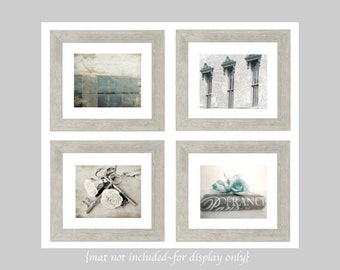 Paris Romantic Gallery- Modern Farmhouse Art, French Country Shabby Cottage Chic Art, Rose Photography, Wall Art Set of 4, Blue Gray Art