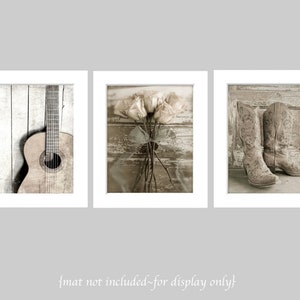 Nashville Romance Gallery- Country Western Art, Cowgirl Wall Art, Rustic Decor Farmhouse Art, Boot Art, Guitar Art, Rose Art Set of 3 Prints