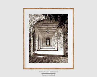 Portico- Architectural Abstract Photo Art, Architecture Print, Grey Brick Portico, Passageway, Spanish Architecture Historic Farmhouse Home