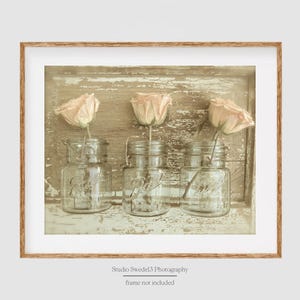 May include: Three pale pink roses in clear glass jars on a weathered wood background. The jars have a vintage look and are arranged in a row.