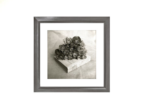 Rose Bundle- Black and White Rose Still Life, Old Book Art, Romantic Floral Print, Farmhouse Cottage Office Art, Home Library Art Print