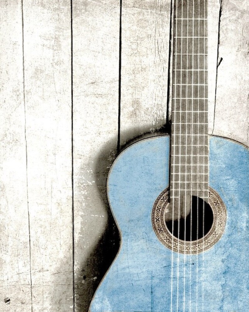 Blue Acoustic Guitar Wall Art Print, Guitar Photography, Music Lover Art Print, Abstract Acoustic Guitar Art, Vintage Old Blue Guitar Photo image 1