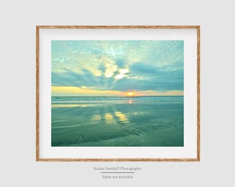 Impresión fotográfica de amanecer de Pascua en la playa, paisaje marino, paisaje costero, impresión de naturaleza, arte de playa de Florida, nubes de cielo azul agua, arte de playa