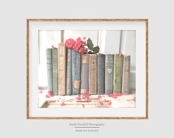 Cottage Library- Vintage Book Photography, Antique Book Art Print, Modern Farmhouse Shabby Rustic Wall Art, Home Office Library Wall Decor