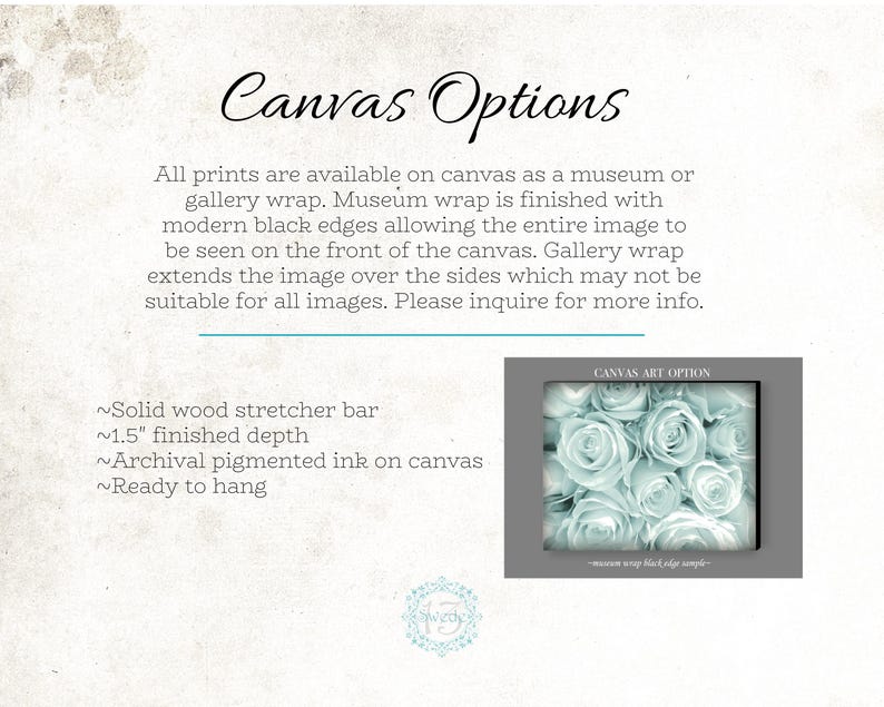 May include: Canvas print options for artwork. The text describes museum wrap and gallery wrap options. A sample image shows a close-up of a bouquet of light blue roses with black edges. The text "Canvas Art Option" is at the top of the sample image.