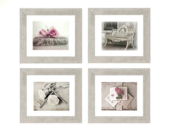 A Touch of Romance- Romantic French Country Prints, Shabby Chic Art Prints, Wall Art Gallery Set of 4, Pink Rose Art, Rustic Chic Wall Art