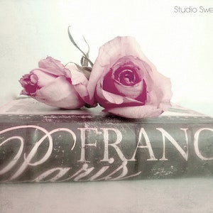 May include: A vintage book with the words "Paris France" on the cover. Two pink roses are resting on top of the book.