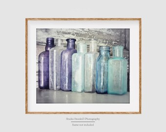Medicine Shoppe- Farmhouse Kitchen or Bath Art Print, Apothecary Medicine Bottles, Rustic Farmhouse Wall Decor, Vintage Purple Bottle Art