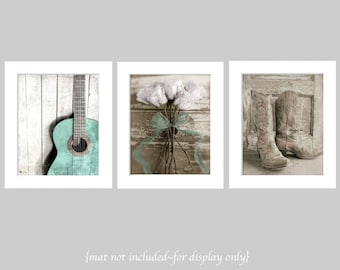 Aqua Nashville Gallery- Country Western Cowgirl Wall Art, Boot Art, Rose Photo, Guitar Art, Farmhouse Romantic Set of 3 Rustic Art Prints