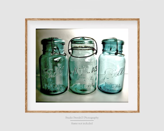 Aqua Nostalgia- Farmhouse Kitchen Photography, Country Kitchen Art, Aqua Blue Art, Shabby Cottage Rustic Old Jars, Nostalgic Kitchen Art