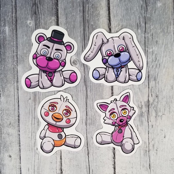 Five Nights at Freddy's Funtime Freddy Foxy Chica Bonnie Plushie Vinyl Stickers, 2.75" Die Cut Laptop Sticker, Notebook Sticker, Party Favor