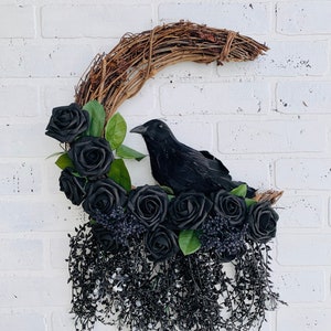 Halloween Wreath for Front Door, Lenore Wreath with Black Roses, Gothic Wreath, Raven Wreath, Black Wreath, Edgar Allan Poe