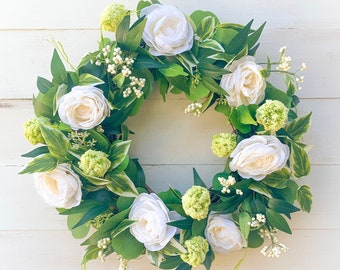 Summer Wreath for Front Door, All Year Wreath with White Roses, Farmhouse Greenery and White Wreath, Year Round Greenery Wreath, Wedding