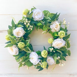 Summer Wreath for Front Door, All Year Wreath with White Roses, Farmhouse Greenery and White Wreath, Year Round Greenery Wreath, Wedding image 1