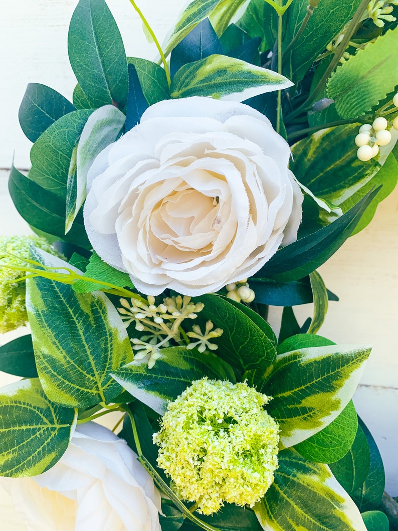 Summer Wreath for Front Door, All Year Wreath with White Roses, Farmhouse Greenery and White Wreath, Year Round Greenery Wreath, Wedding image 4