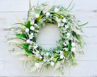 All Season White Wreath for Front Door, Year Round Heather and Fern Wreath, Modern Farmhouse Decor, Boho Wreath with Pampas, Minimalist