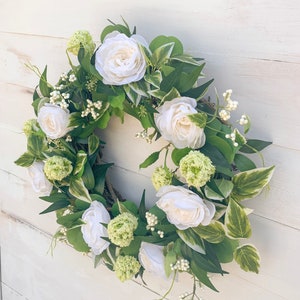 Summer Wreath for Front Door, All Year Wreath with White Roses, Farmhouse Greenery and White Wreath, Year Round Greenery Wreath, Wedding image 2