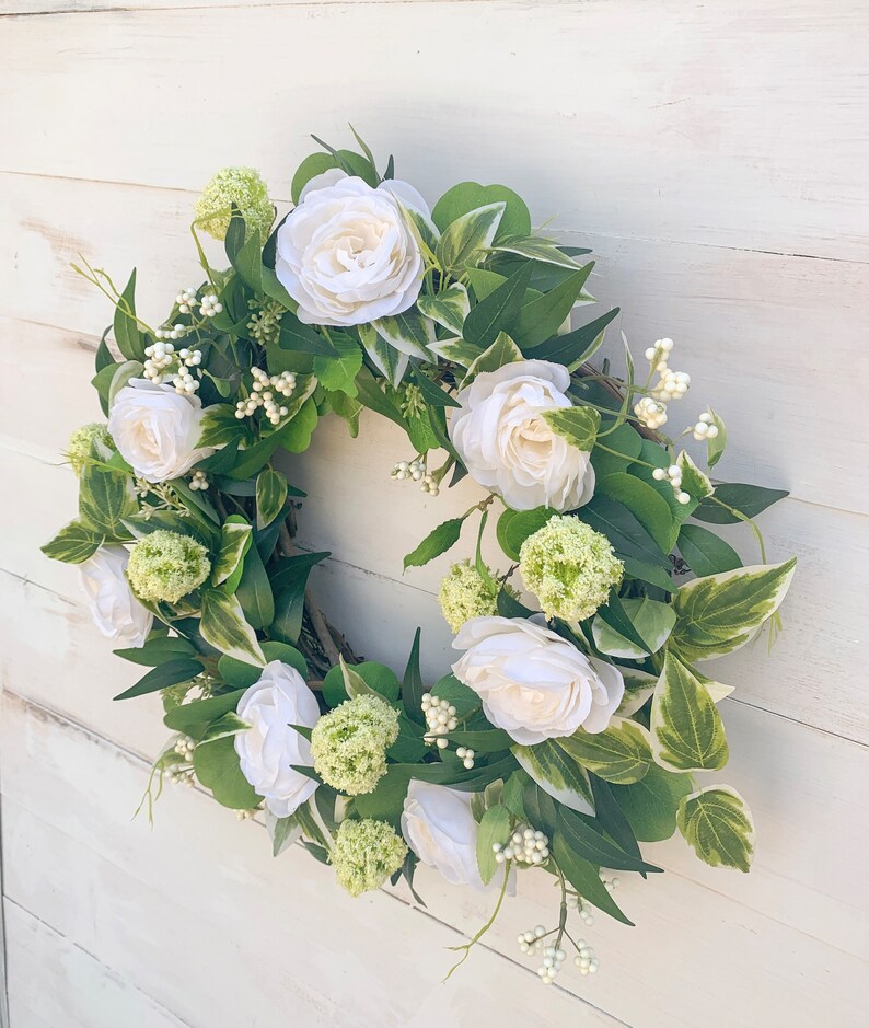 Summer Wreath for Front Door, All Year Wreath with White Roses, Farmhouse Greenery and White Wreath, Year Round Greenery Wreath, Wedding image 2