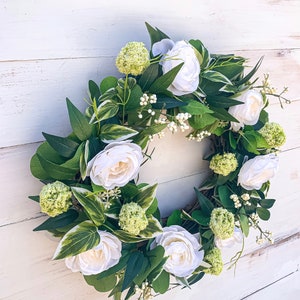 Summer Wreath for Front Door, All Year Wreath with White Roses, Farmhouse Greenery and White Wreath, Year Round Greenery Wreath, Wedding image 3