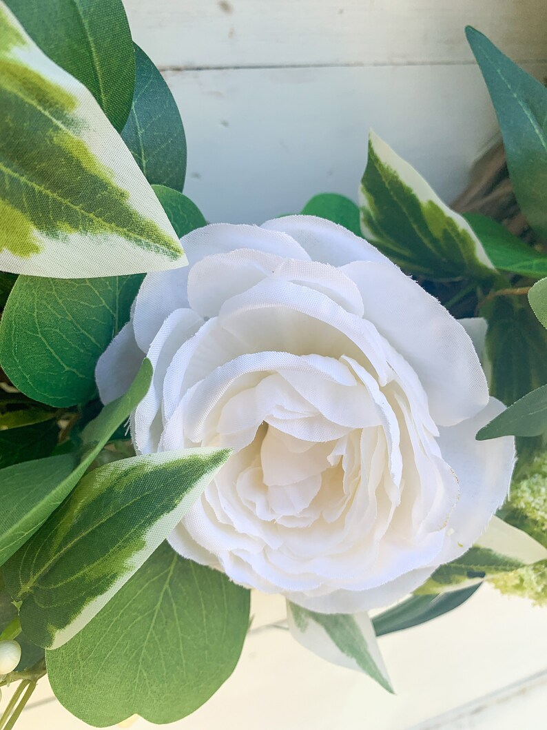 Summer Wreath for Front Door, All Year Wreath with White Roses, Farmhouse Greenery and White Wreath, Year Round Greenery Wreath, Wedding image 8