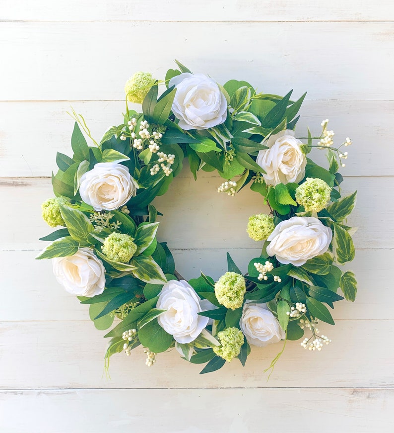 Summer Wreath for Front Door, All Year Wreath with White Roses, Farmhouse Greenery and White Wreath, Year Round Greenery Wreath, Wedding image 1