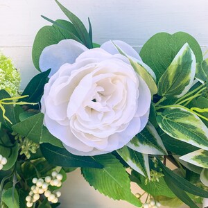 Summer Wreath for Front Door, All Year Wreath with White Roses, Farmhouse Greenery and White Wreath, Year Round Greenery Wreath, Wedding image 5