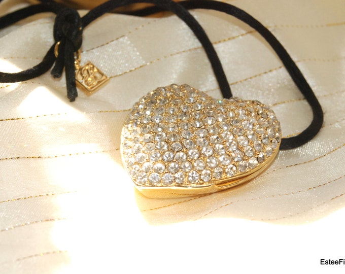Vintage Estee Lauder Swarovski Crystal Heart Pendant Compact