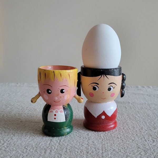 2 Chippy wooden egg cups girls in red and green // hand painted wood people figures, serving breakfast, brunch, Easter gift