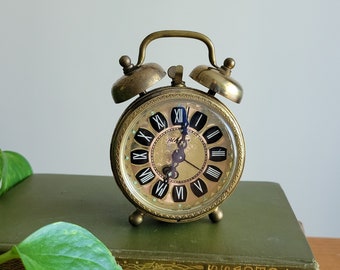 West German "Blessing" alarm clock:  retro bedroom, guest room or office decor, gold metal case with filigree