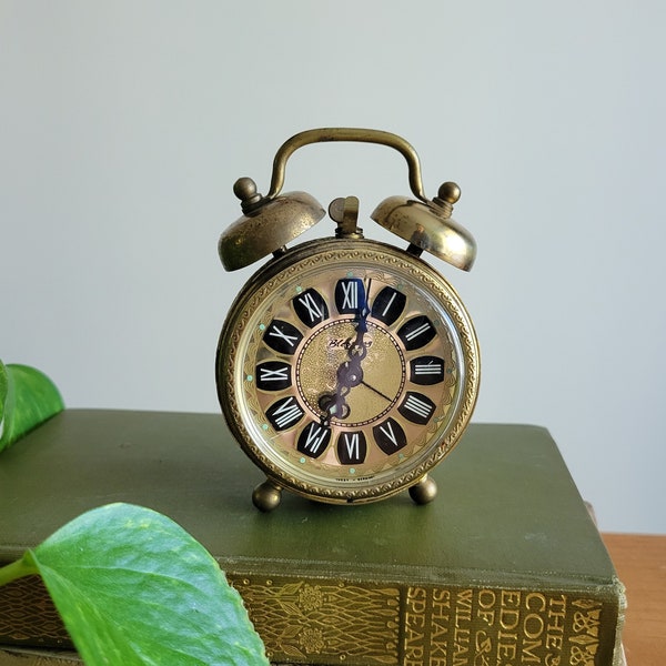 West German "Blessing" alarm clock:  retro bedroom, guest room or office decor, gold metal case with filigree