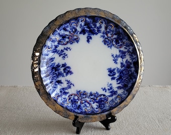 Flow blue transferware display plate, Clinton pattern by Brownhills Pottery:  blue & white slip china, Victorian dinnerware