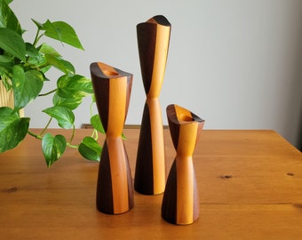 Set of 3 Danish mid century modern candle holders in two-tone wood