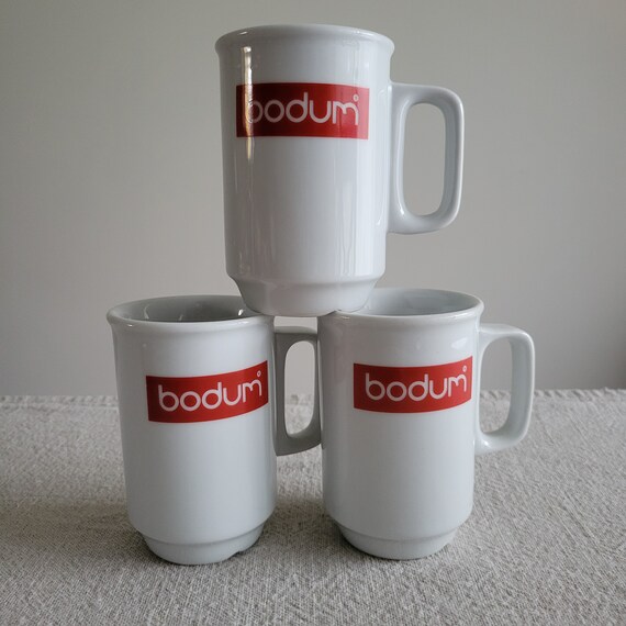 Set of 3 Danesco Bodum Coffee Cups, White Ceramic With Red Logos //  Scandinavian Danish Modern Design Drinkware 