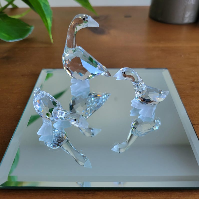 Set of 3 Swarovski Crystal Geese With Display Mirror Collectible Glass
