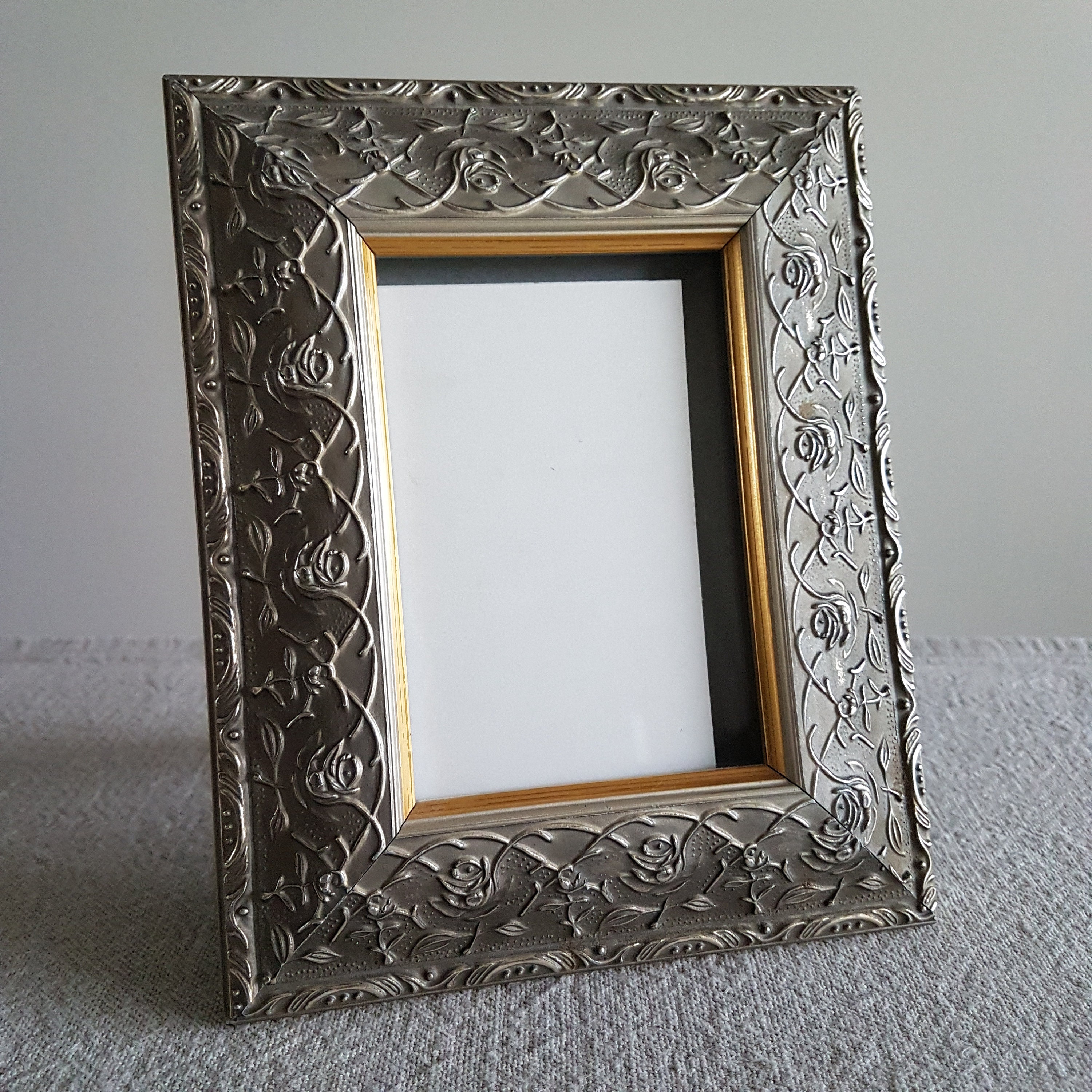 Vintage 3 12 X 5 Pewter And Gilt Look Picture Frame Etsy